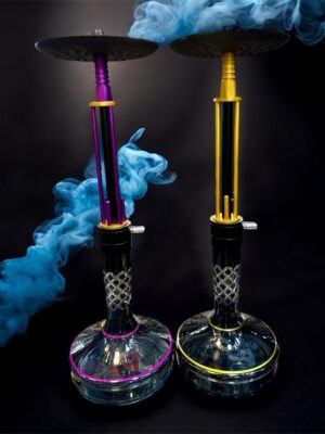 Extra-Large Modern Hookahs – purple and yellow-gold accents with clear glass bases